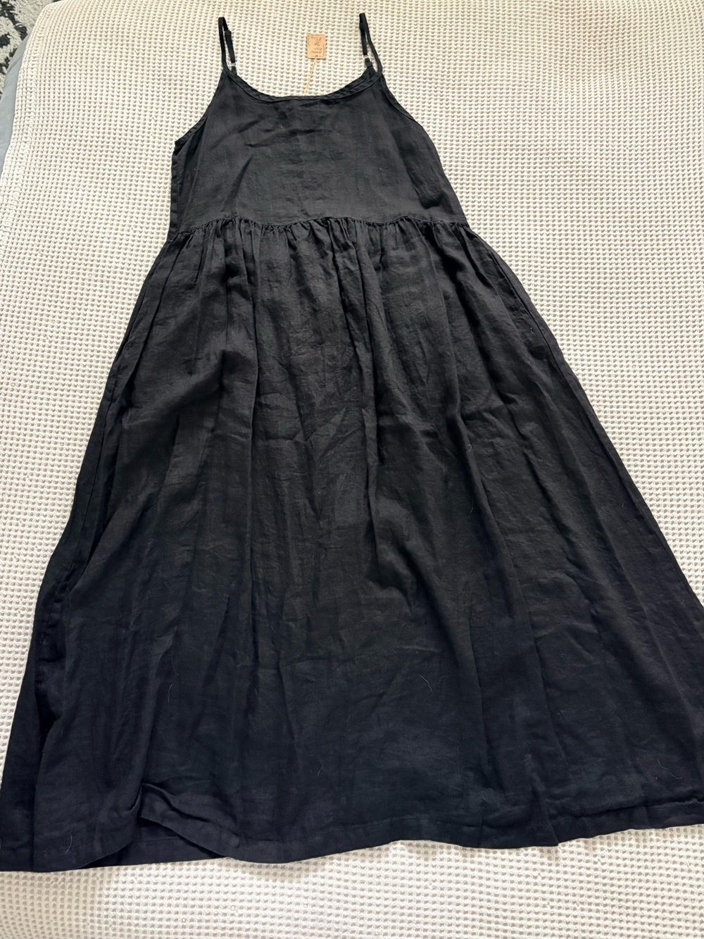 CP Shades Black Linen Spaghetti-Strap Maxi Dress with Gathered Skirt